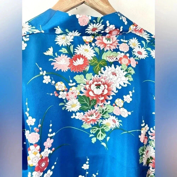 Vintage Blue Floral Satin Kimono Top & Wide Leg Pants Asian Boho 2 Piece Set - Picture 8 of 15